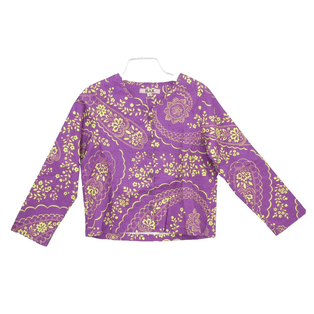 FLAX Designs Linen  XS Corozo Paisley Purple Button Down Shirt Long Sleeve New